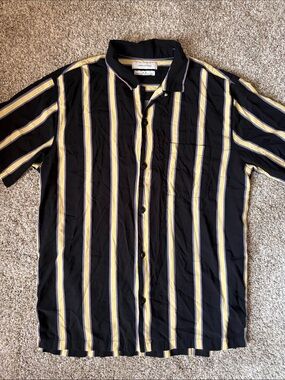 Urban Outfitters Black Short-Sleeve Button-Up Shirt with Yellow & White Stripes